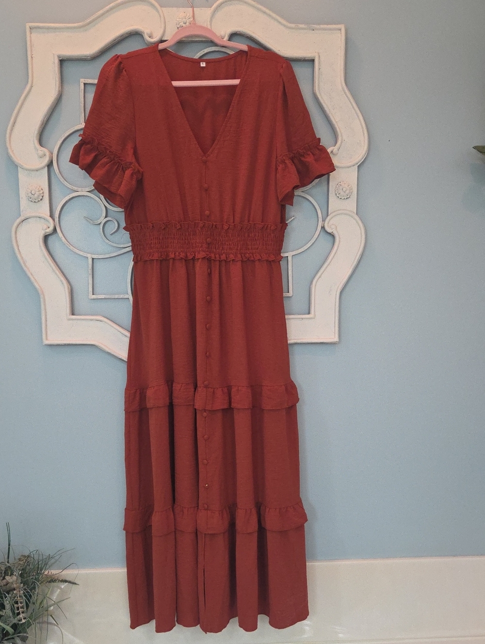 Rust Ruffle Tiered Maxi Dress - Women's (L-bin)